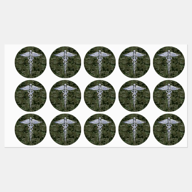 Chrome Like Caduceus Symbol on Green Camouflage Labels (Sheet)