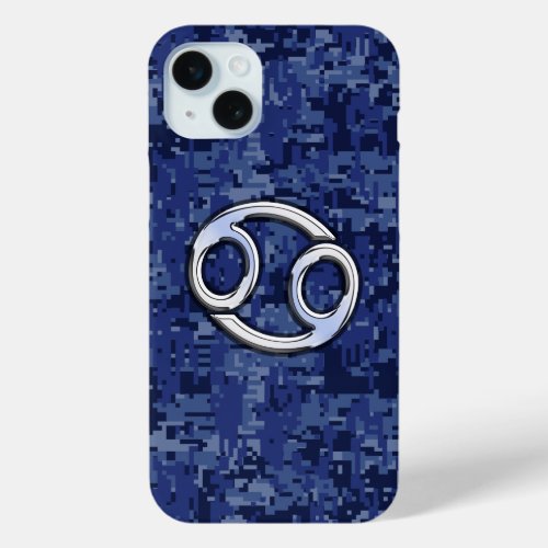 Chrome Like Cancer Sign on Blue Digital Camo iPhone 15 Plus Case