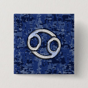 Chrome Like Cancer Sign on Blue Digital Camo Pinback Button