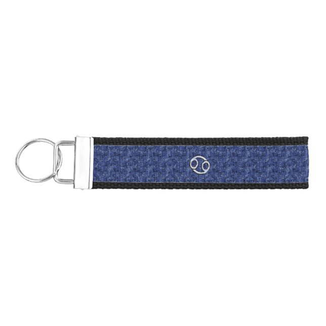 Chrome Like Cancer Sign on Blue Digital Camo Wrist Keychain (Keys on Left)