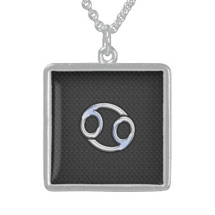 Chrome Like Cancer Zodiac Symbol on Snake Style Sterling Silver Necklace