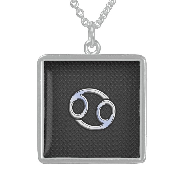 Chrome Like Cancer Zodiac Symbol on Snake Style Sterling Silver Necklace (Front)