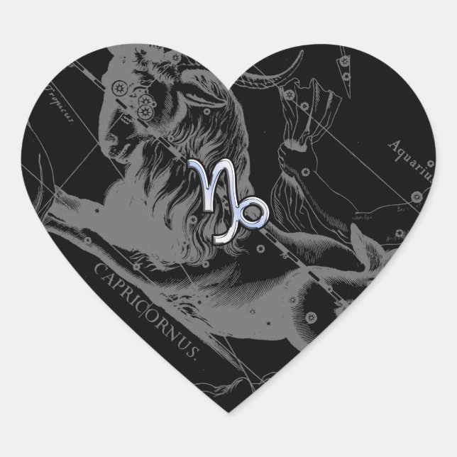 Chrome like Capricorn Zodiac Sign on Hevelius 1690 Heart Sticker (Front)