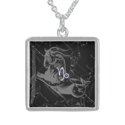Chrome like Capricorn Zodiac Sign on Hevelius 1690 Sterling Silver Necklace