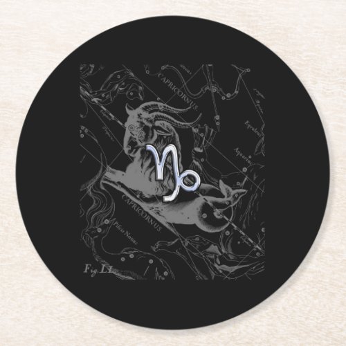 Chrome like Capricorn Zodiac Sign on Hevelius Round Paper Coaster