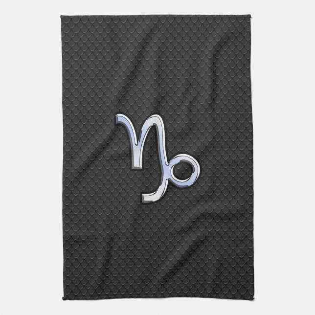Chrome like Capricorn Zodiac Symbol on Snake Skin Kitchen Towel (Vertical)