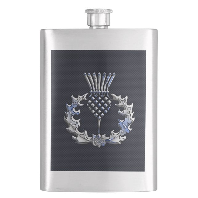 Chrome Like Carbon Fiber Print Scottish Thistle Flask (Front)