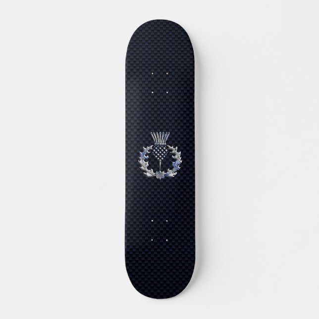 Chrome Like Carbon Fiber Print Scottish Thistle Skateboard (Front)