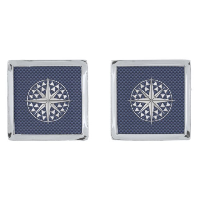 Chrome Like Compass Nautical Navy Blue Carbon Cufflinks (Front)
