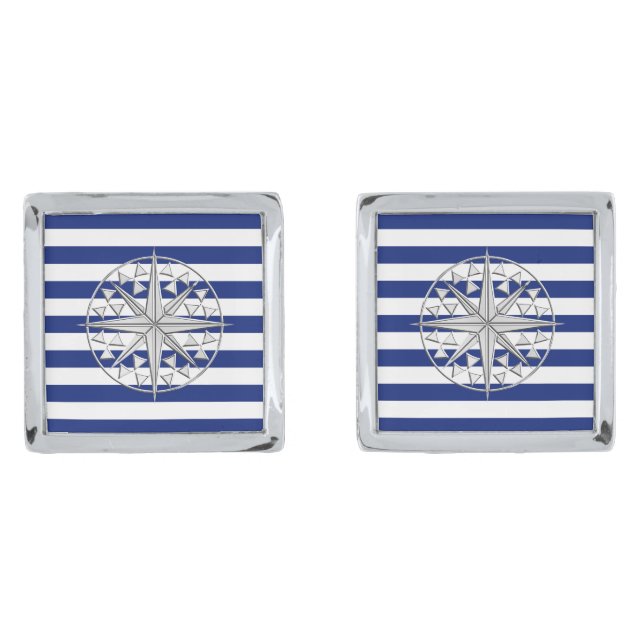 Chrome Like Compass Nautical Navy Blue Stripes Cufflinks (Front)