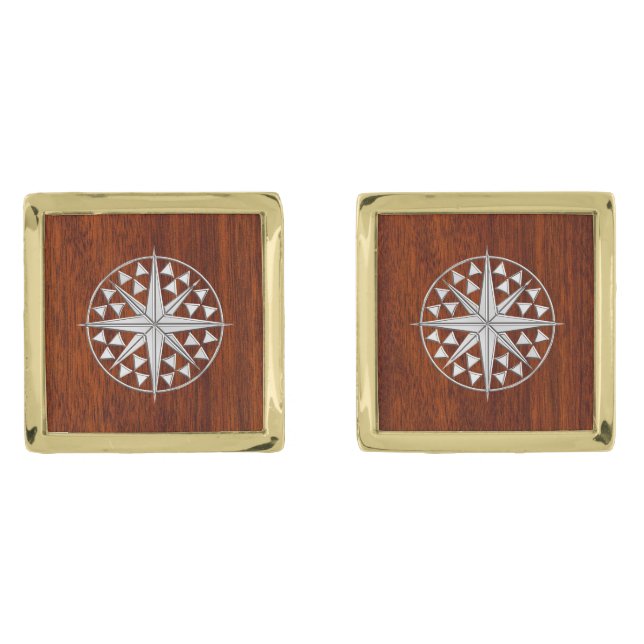 Chrome Like Compass Nautical Navy Mahogany Print Cufflinks (Front)