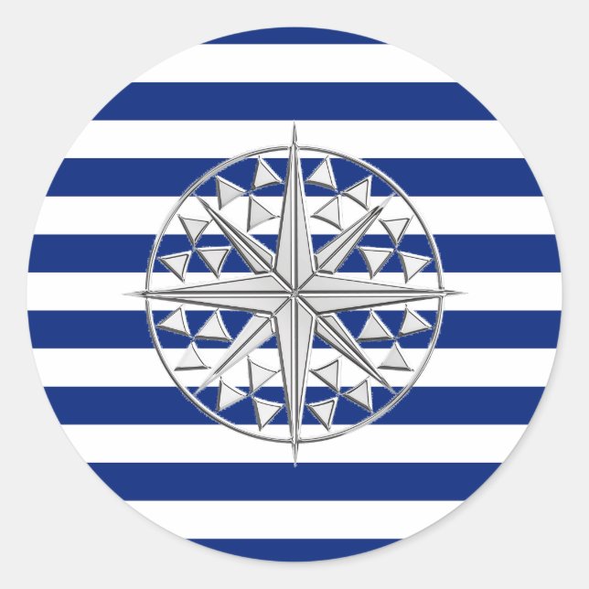 Chrome Like Compass on Nautical Stripes Classic Round Sticker (Front)
