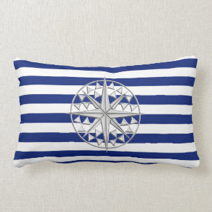 Chrome Like Compass on Nautical Stripes Lumbar Pillow