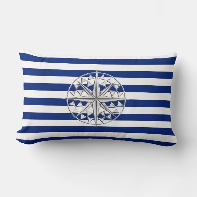 Chrome Like Compass on Nautical Stripes Lumbar Pillow (Front)