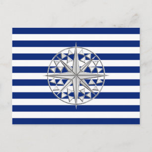 Chrome Like Compass on Nautical Stripes Postcard