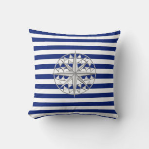 Chrome Like Compass on Nautical Stripes Throw Pillow