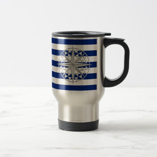 Chrome Like Compass on Nautical Stripes Travel Mug (Right)