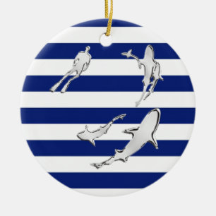Chrome Like Diver and Sharks on Nautical Stripes Ceramic Ornament