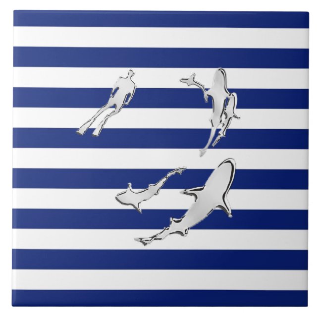 Chrome Like Diver and Sharks on Nautical Stripes Ceramic Tile (Front)