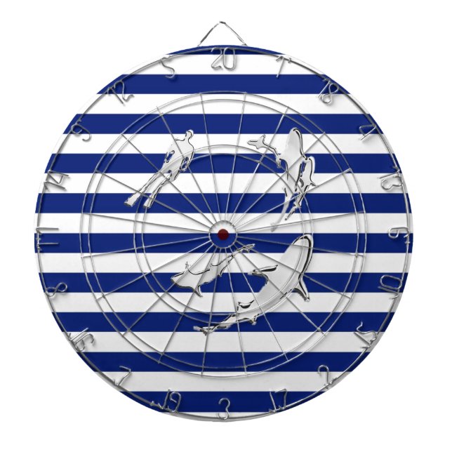 Chrome Like Diver and Sharks on Nautical Stripes Dartboard With Darts (Front)