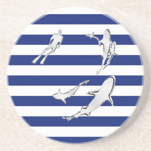 Chrome Like Diver and Sharks on Nautical Stripes Drink Coaster