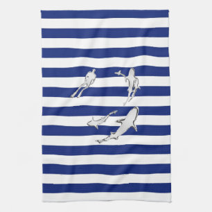 Chrome Like Diver and Sharks on Nautical Stripes Kitchen Towel