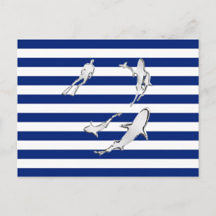 Chrome Like Diver and Sharks on Nautical Stripes Postcard