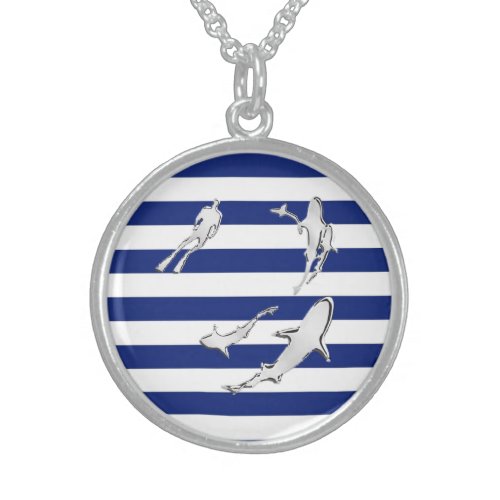 Chrome Like Diver and Sharks on Nautical Stripes Sterling Silver Necklace