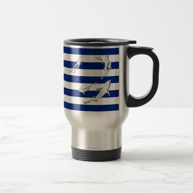 Chrome Like Diver and Sharks on Nautical Stripes Travel Mug (Right)