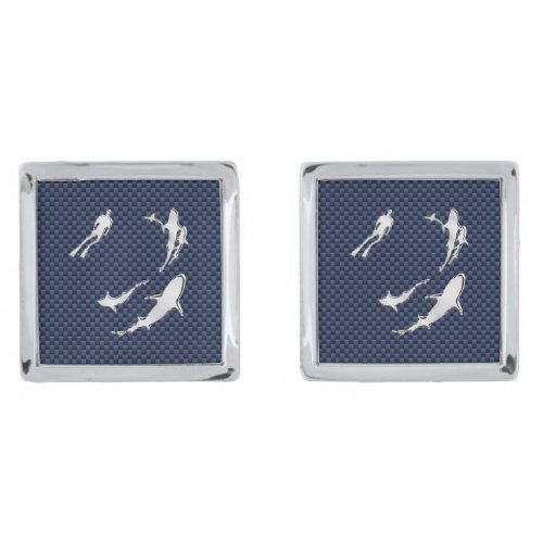 Chrome Like Diver Nautical Navy Blue Carbon Silver Cufflinks