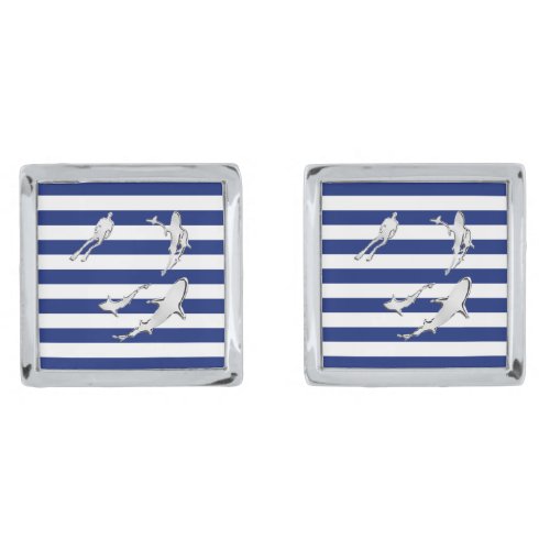 Chrome Like Diver Nautical Navy Blue Stripes Cufflinks