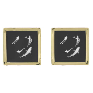 Chrome Like Diver Nautical Navy on Black Print Gold Cufflinks
