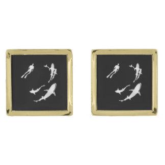 Chrome Like Diver Nautical Navy on Black Print Gold Cufflinks