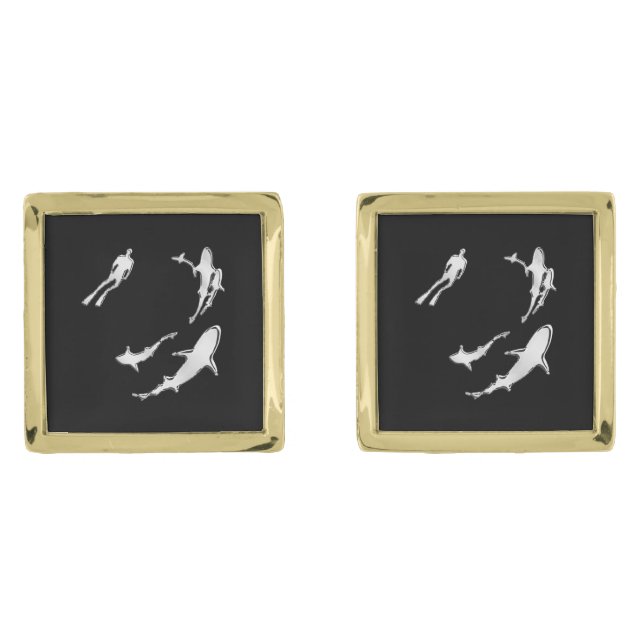 Chrome Like Diver Nautical Navy on Black Print Gold Cufflinks (Front)