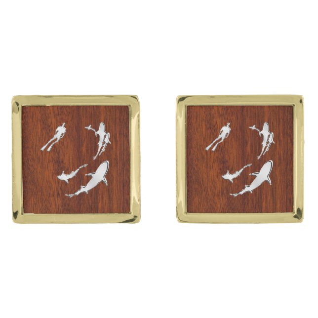 Chrome Like Diver Nautical Navy on Mahogany Print Gold Cufflinks (Front)