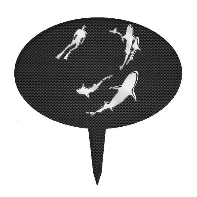Chrome Like Diver with Sharks on Carbon Fiber Cake Topper (Front)