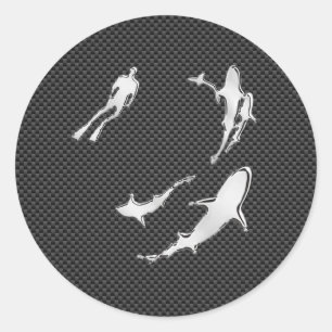 Chrome Like Diver with Sharks on Carbon Fiber Classic Round Sticker