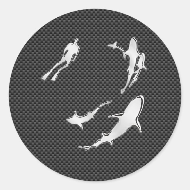 Chrome Like Diver with Sharks on Carbon Fiber Classic Round Sticker (Front)