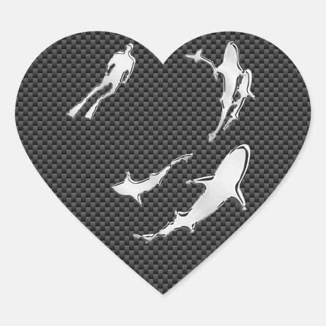 Chrome Like Diver with Sharks on Carbon Fiber Heart Sticker (Front)