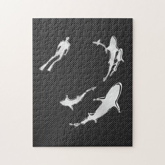 Chrome Like Diver with Sharks on Carbon Fiber Jigsaw Puzzle (Vertical)