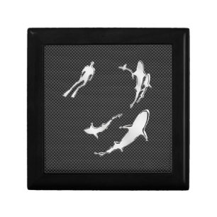 Chrome Like Diver with Sharks on Carbon Fiber Keepsake Box