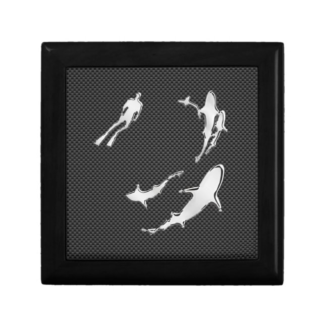 Chrome Like Diver with Sharks on Carbon Fiber Keepsake Box (Front)