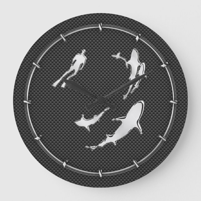 Chrome Like Diver with Sharks on Carbon Fiber Large Clock (Front)