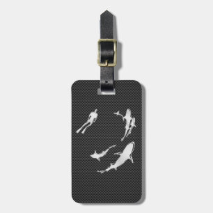 Chrome Like Diver with Sharks on Carbon Fiber Luggage Tag