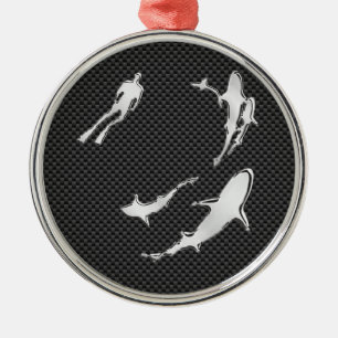 Chrome Like Diver with Sharks on Carbon Fiber Metal Ornament