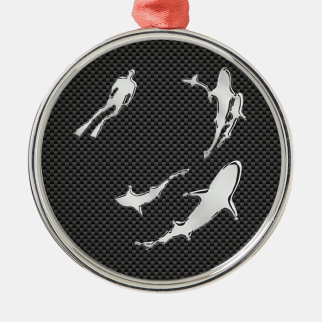 Chrome Like Diver with Sharks on Carbon Fiber Metal Ornament (Front)