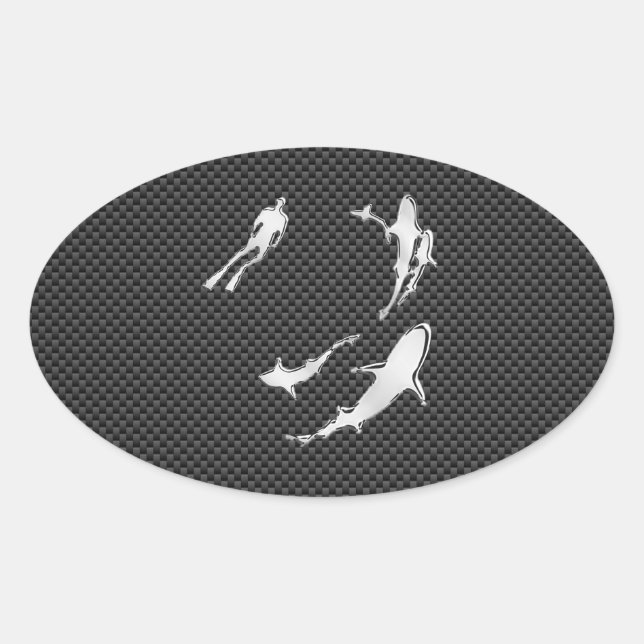 Chrome Like Diver with Sharks on Carbon Fiber Oval Sticker (Front)