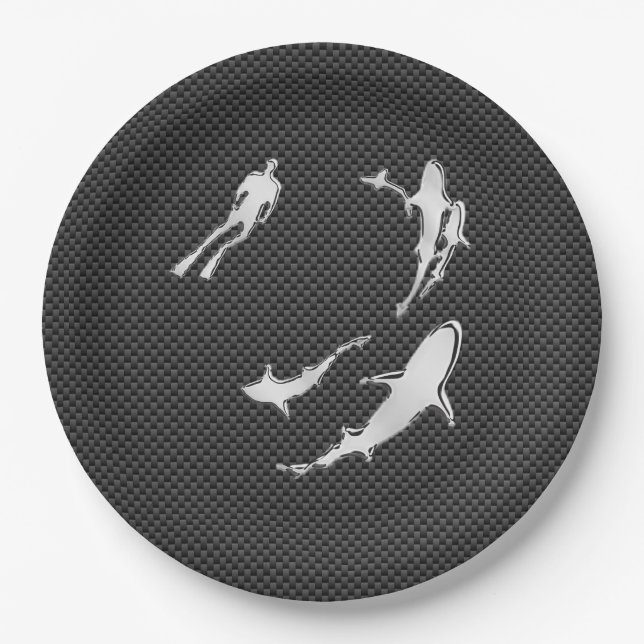 Chrome Like Diver with Sharks on Carbon Fiber Paper Plates (Front)
