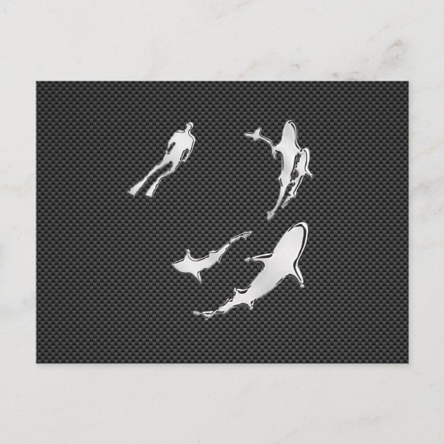Chrome Like Diver with Sharks on Carbon Fiber Postcard (Front)