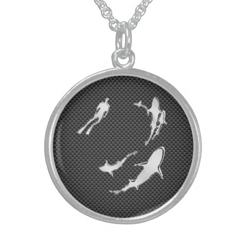 Chrome Like Diver with Sharks on Carbon Fiber Sterling Silver Necklace